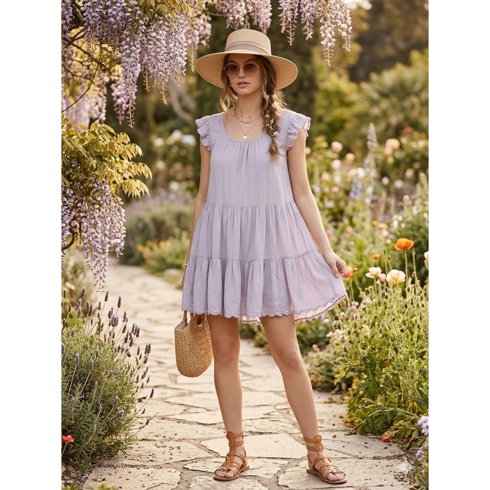 Wilfred Aritzia Purple Tiered Babydoll Mini Dress Size S Cottagecore Coquette